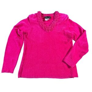 Vintage Rochelle Chenille Sweater V-Neck Textured Knit Hot Pink Pullover‎ Size S